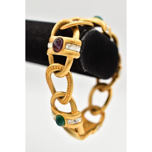 Givenchy Vintage Cabochon Bracelet Multi-Color Brushed Gold Crystal Signed BinAD